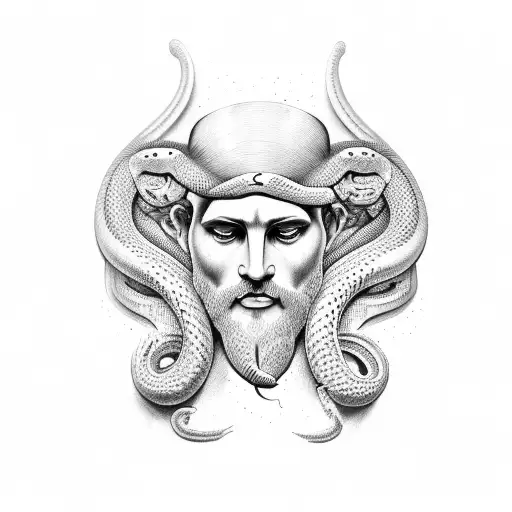 Greek God Face On Left Side Of Chest And On The Right Side A Snake Uprisings From My Hand