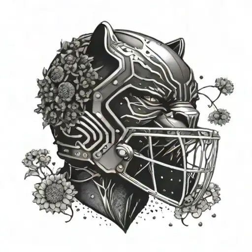 Surrounded By Dandelions There Is A Black Panther Playing A Football Helmet Guitar
