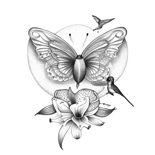 A Purply Lily With A Hummingbird And A Butterfly