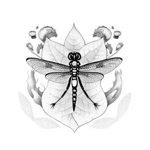 Dragonfly With Flowers And Mushrooms