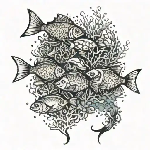 An Underwater Scene With A School Of Colorful Fish Swimming Among Coral Reefs And Sea Plants