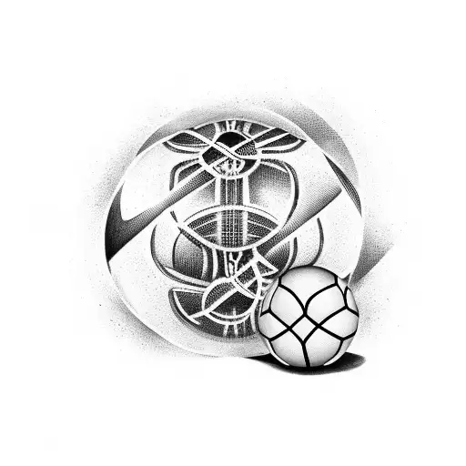 A Trap-themed Tattoo Featuring A Football And Basketball Intertwined With Musical Notes