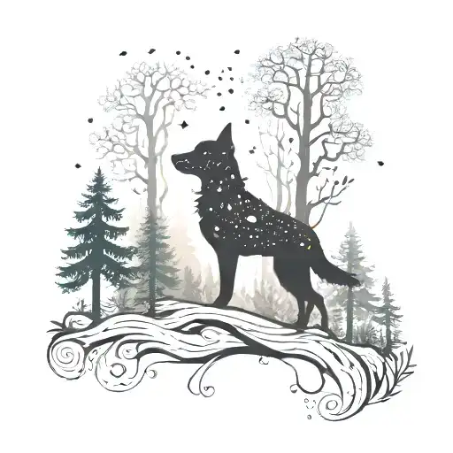 A Dreamy Forest Scene With A Silhouette Of A Dog Blending Into The Trees