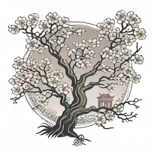 Cherry Blossom Trees And Chinese Patterns