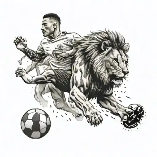 Create A Tattoo Featuring A Football Player Running With A Lion Beside Them