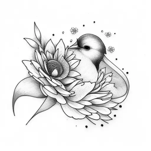 A Minimalist Tattoo Of A Bird Perched On A Blooming Flower
