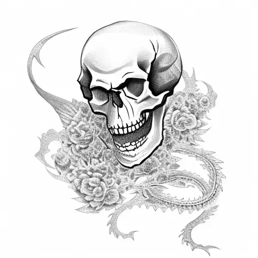 Skull And Dragon With Flowers