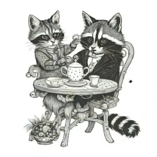 A Fluffy Cat And A Raccoon Sittting On A Fancy Table Drinking A Tea