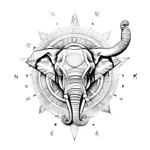 Angry Elephant Head With Compass Black Work