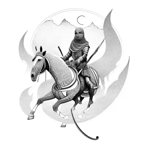 Anchient Muslim Warrior On A Horse With The Sun Setting