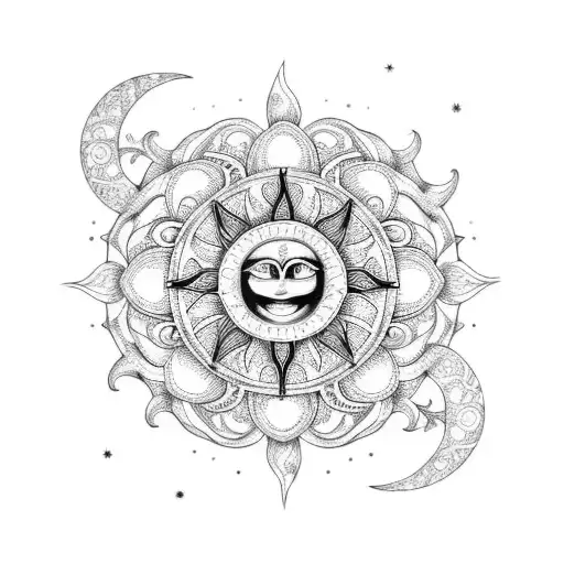 A Sun And Moon Mandala Surrounded By Intricate Floral Patterns