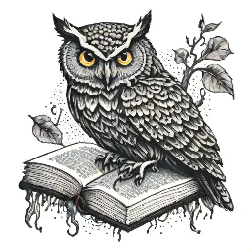 Owl Holding A Bloody Book Of Poems In Its Claws Perched On A Black Tree Of Bleeding Feathers