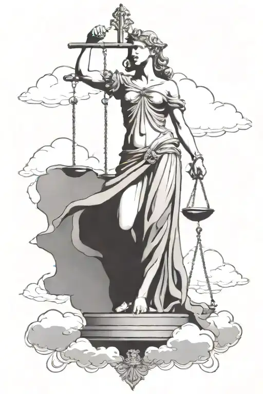 Lady Justice With Sword And Scale With Clouds Behind