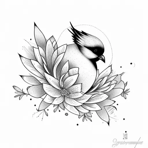 A Minimalist Tattoo Of A Bird Perched On A Blooming Flower