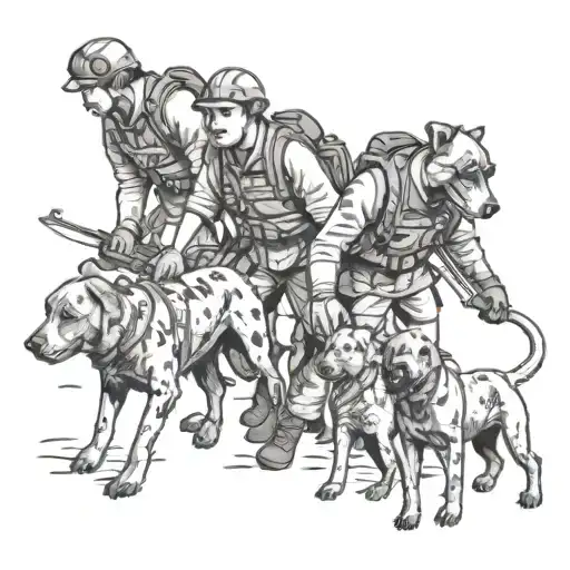 Illustrative Scene Of Rangers From The Animal Welfare Team Rescuing Dogs In A Dotwork Style