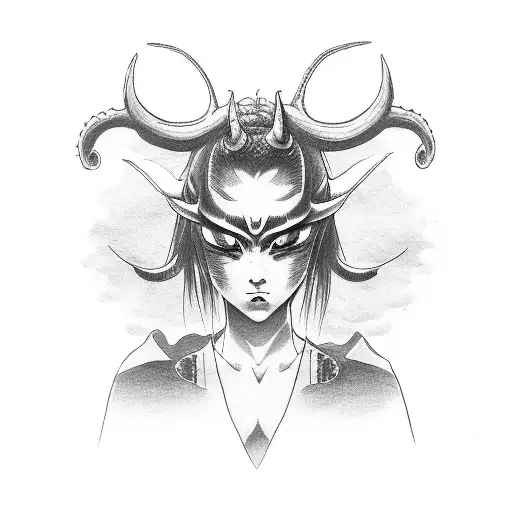 Head Of Japanese Girl With Half Oni Mask On Face And With Demon Horns