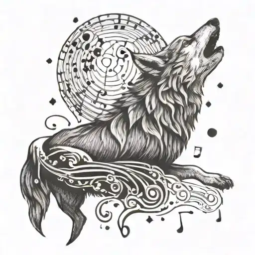 A Majestic Wolf Howling At The Moon With Musical Notes Swirling Around It