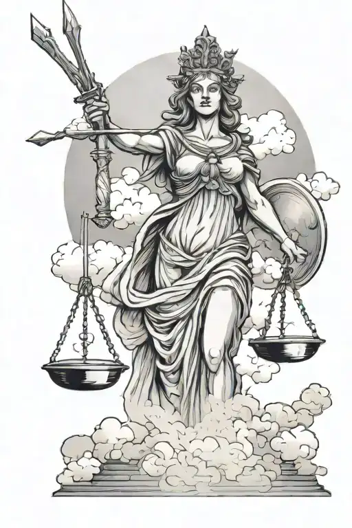 Lady Justice With Sword And Scale With Clouds Behind