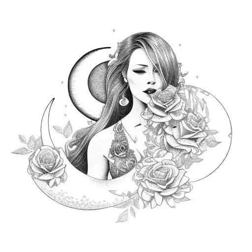A Woman Sitting Criss Cross In A Bed Of Roses Facing A Large Sun And Crescent Moon
