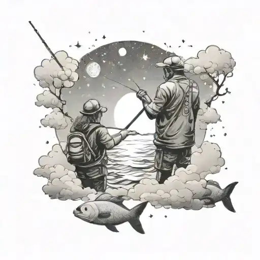 A Father-daughter Duo Fishing Together Under A Starry Sky With Angelic Clouds Above