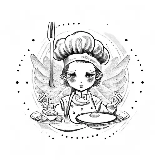 A Dotwork Tattoo Of An Angelic Chef Cooking With Libra Symbols As Ingredients