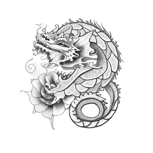 A Dragon Curled Around A Peony Flower