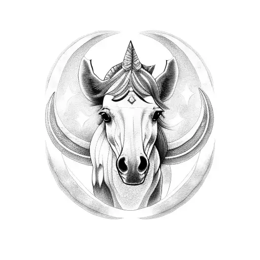 A Dotwork Tattoo Of A Majestic Horse With A Crescent Moon On Its Forehead