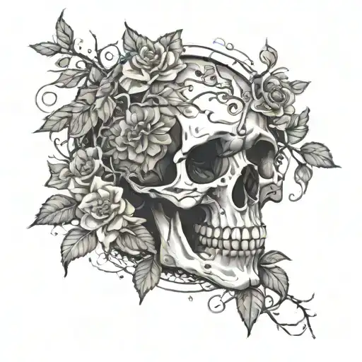 A Skull Entwined With Creepy Branches And Blooming Flowers