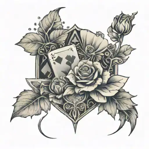 A Scary Mythology-inspired Tattoo Featuring Flowers And Gambling Symbols
