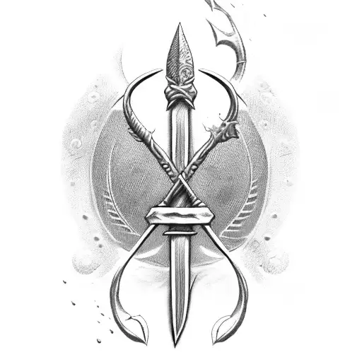 Broken Trident Spear With A Red Rope From The Handle