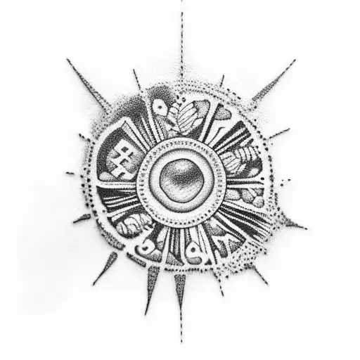 An Abstract Dotwork Tattoo Of A Tropical Beach With The Name Rebekah Woven Into The Design