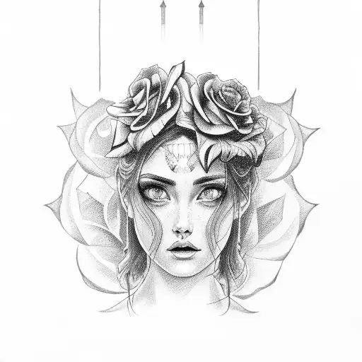 Athena With Rose Lineart