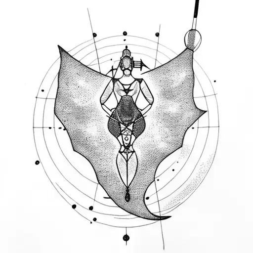 A Dotwork Tattoo Of Artemis's Silhouette Shooting An Arrow Towards A Moon Made Of Constellations