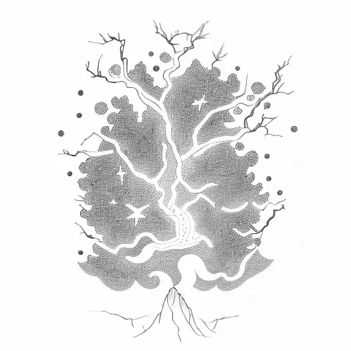 A Tree Becoming Lightning And Storm Clouds As It Goes Higher It Becomes Constellations And Nebulous