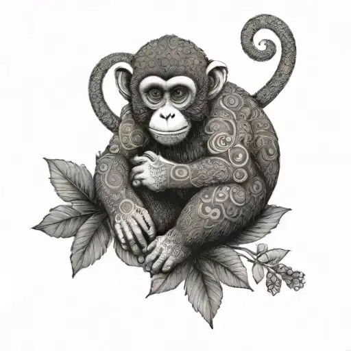 A Dotwork Mandala Design Featuring A Monkey In The Center