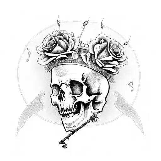 A Skull With A Crown Made Of Roses And Musical Notes