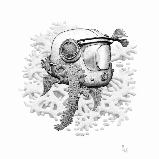 Old Divers Helmet Resting On Coral With Fish Swiming Around It