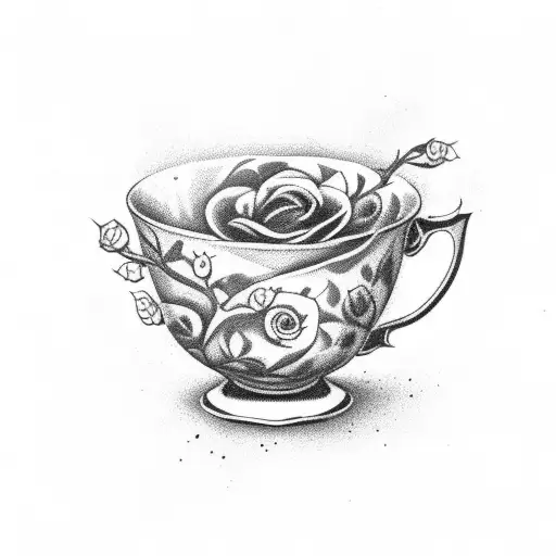 Teacup With A Delicate Rose Pattern And A Ladybird Crawling On The Handle