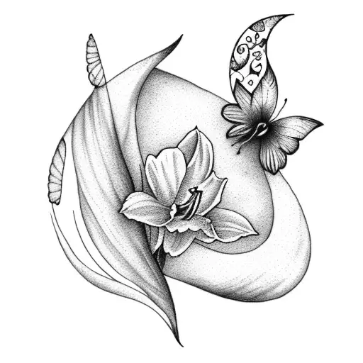 Crescent Moon With Daffodil And Butterfly