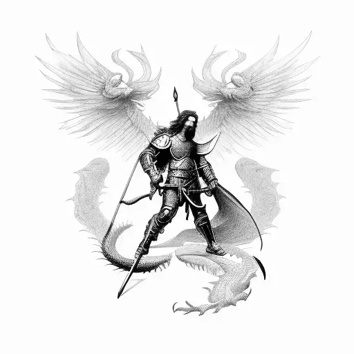 St Michael Battling A Dragon In A Dotwork Style