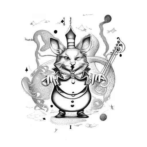 Alice In Wonderland Characters Playing Musical Instruments In A Galaxy