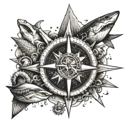Compass Surrounded By Various Sea Shells And Shark Teeth