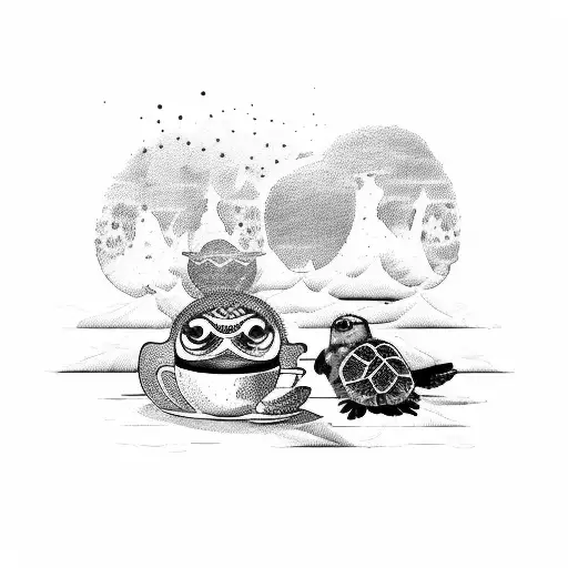 A Whimsical Scene Of A Turtle And Owl Having Coffee And Tea