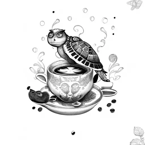 A Whimsical Scene Of A Turtle And Owl Having Coffee And Tea