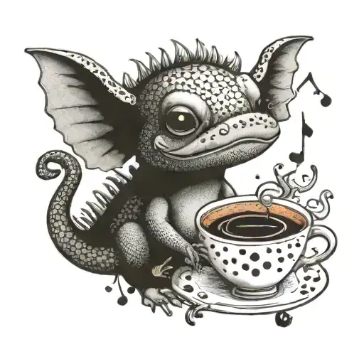 An Axolotl Enjoying A Cup Of Coffee With Musical Notes Around It