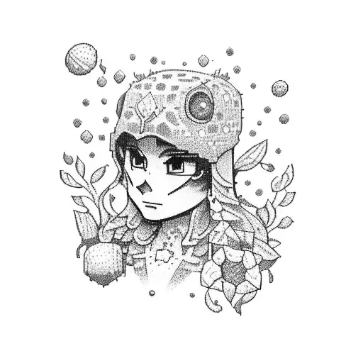 A Dotwork Tattoo Of A Pixelated Video Game Character Surrounded By Nature Elements