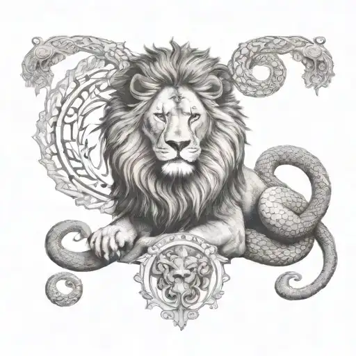 Lion Roaring With Crown And Snake