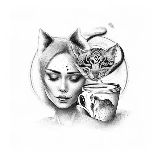 A Mother Holding A Coffee Mug With Her Favorite Animals Surrounding Her