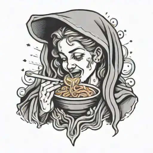 Maria Mother Of Jesus Christ With Aureole Eating Ramen Noodles