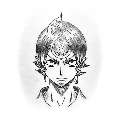 A Dotwork Tattoo Of An Anime-inspired Dagger Featuring One Piece Characters